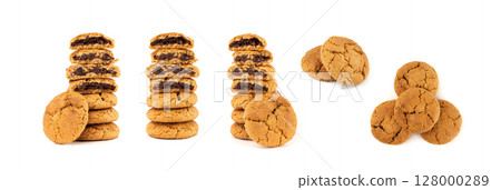 Chocolate cookies with chocolate filling isolated, brown round biscuits, broken sweet cocoa pastry 128000289
