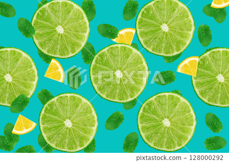 Philippine Lime Fruit Cuts Pattern, Green Calamondin Slices Flying Minimal Background 128000292