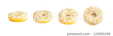 Doughnuts Isolated, Glazed Frosted Donuts with Colorful Sprinkles 128000299