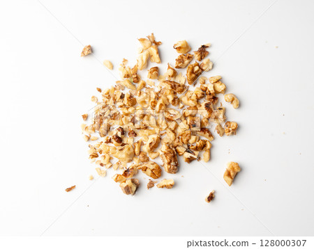 Chopped wallnut , broken roasted walnuts powder, heap of nuts crumbs, whole kernel pieces 128000307