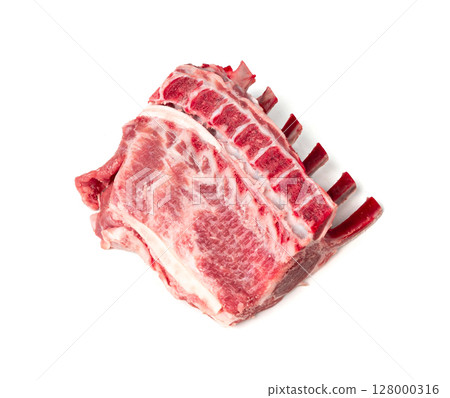 Raw lamb rack isolated, fresh mutton fillet with ribs, tenderloin pieces, mutton rump sirloin meat 128000316