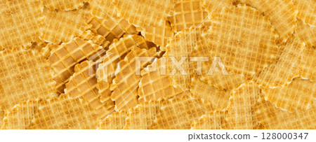 Round waffle pattern. Thin waffled cookie textured background, belgian waffles banner 128000347