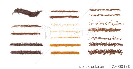 Different color sprinkles line set isolated. Assorted glaze decoration, yellow and brown stripes 128000358