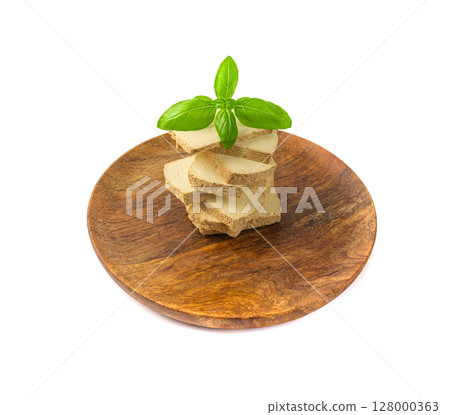 Tofu Cheese Isolated, Smoked Vegan Cheese Slice, Sliced Soya Bean Curd, Soy Protein or TSP 128000363