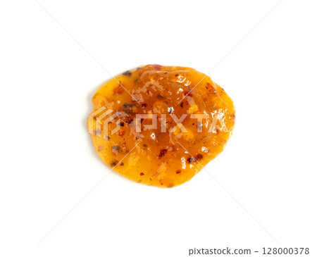 Orange jam with chili isolated, apricot chilli pepper marmalade smear, spicy fruit jelly fruity confiture 128000378