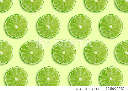 Sour key section or slice of lime pattern background. Little juicy green lemon collage 128000381