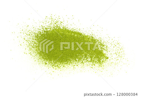 Matcha powder isolated, green tea dust pile, spirulina flour, powdered chlorella, dry extract 128000384