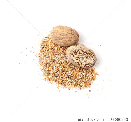 Nutmeg Isolated, Myristica Fragrans Fruit, Dry Spicy Nutmeg Powder, Grated Whole Muscat Nut, Nut Meg 128000390