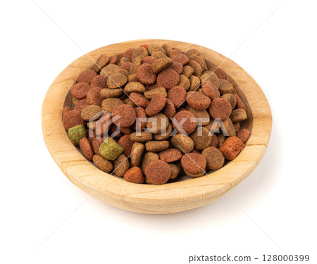 Dry pet food, dog color kibble pile, puppy meat and vegetable pellets, canine protein granules 128000399