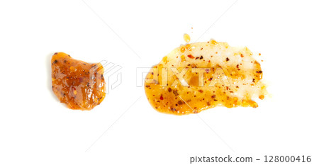Orange jam with chili isolated, apricot chilli pepper marmalade smear, spicy fruit jelly fruity confiture Orange jam with chili isolated, apricot chilli pepper marmalade smear, spicy fruit jelly fruity confiture 128000416