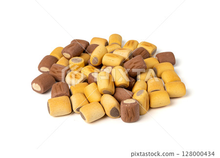 Filled dog biscuits, crackers isolated, soft crunchy pet treats pile, flavored small canine cookie Filled dog biscuits, crackers isolated, soft crunchy pet treats pile, flavored small canine cookie 128000434
