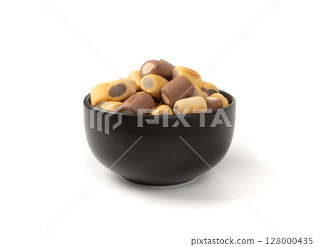 Filled dog biscuits, crackers isolated, soft crunchy pet treats pile, flavored small canine cookie Filled dog biscuits, crackers isolated, soft crunchy pet treats pile, flavored small canine cookie 128000435