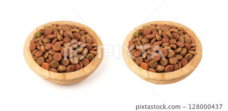 Dry pet food, dog color kibble pile, puppy meat and vegetable pellets, canine protein granules 128000437