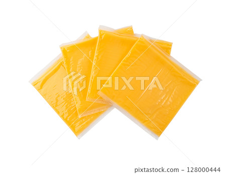 American cheese, processed cheese slice, wrapped thin yellow cheddar in a plastic package 128000444