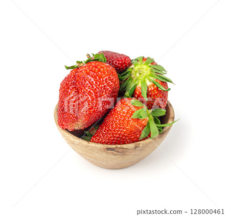 Fresh strawberry isolated, whole ripe straw berry, red juicy imperfect strawberri with green leaves 128000461
