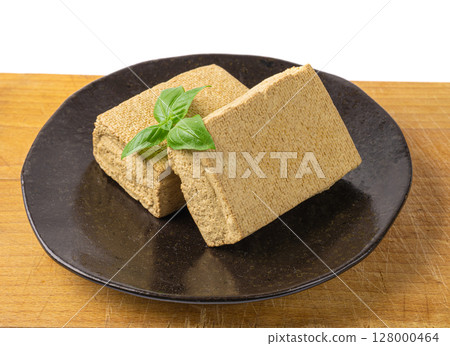 Tofu Cheese Isolated, Smoked Vegan Cheese Slice, Sliced Soya Bean Curd, Soy Protein or TSP 128000464