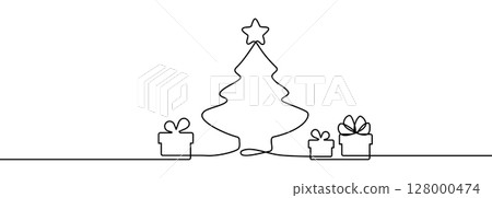 Continuous Line Christmas Tree Vector Icon, Happy Xmas Monoline Spruce, New Year Pines Continuous Line Christmas Tree Vector Icon, Happy Xmas Monoline Spruce, New Year Pines 128000474