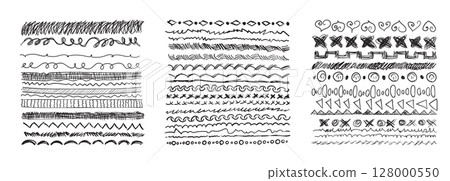 Hand drawn border lines. Doodle wave underline set, vintage squiggle ornament 128000550