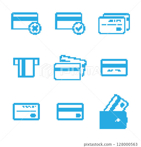 Credit card pixel icon, 8 bit payment illustration, retro style blue banking symbol Credit card pixel icon, 8 bit payment illustration, retro style blue banking symbol 128000563