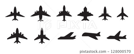 Plane vector icon, airplane silhouette. Airport simple symbol, black plane logo, airline Plane vector icon, airplane silhouette. Airport simple symbol, black plane logo, airline 128000570