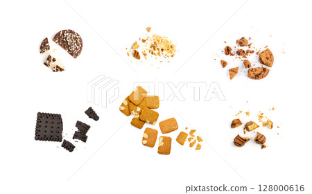 Cookies crumbs isolated, broken biscuits Cookies crumbs isolated, broken biscuits 128000616
