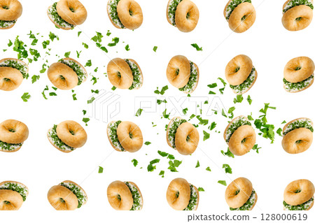 Bagel Pattern on White Background, Round Bread Bun Minimal Wallpaper with Copy Space 128000619