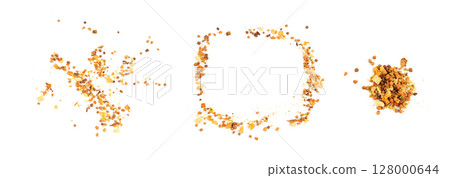 Dried vegetables mix with carrots, onion, parsnip and soy meat isolated. Dry food pieces for instant noodles 128000644