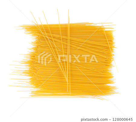 Raw spaghetti isolated, dry spagetti, long wheat noodles, uncooked italian macaroni bundle 128000645