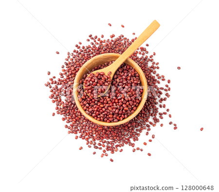 Red adzuki beans isolated, raw azuki bean pile, Vigna angularis legume seeds, dry red mung bean Red adzuki beans isolated, raw azuki bean pile, Vigna angularis legume seeds, dry red mung bean 128000648