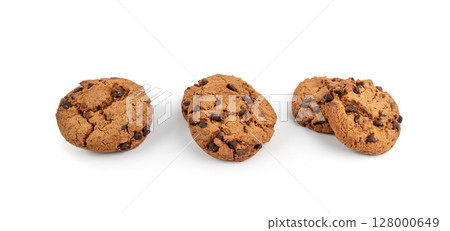 Chocolate chips cookies isolated, American biscuits, cocoa confectionery cake, sweet morsels bakery 128000649