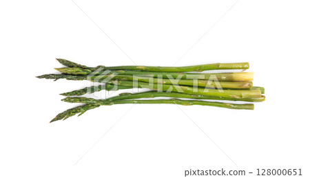 Cooked asparagus isolated. Roasted green vegetable for salad, baked asparagus bunch Cooked asparagus isolated. Roasted green vegetable for salad, baked asparagus bunch 128000651