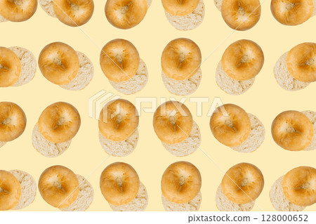 Bagel Pattern on Yellow Background, Round Bread Bun Minimal Wallpaper with Copy Space 128000652