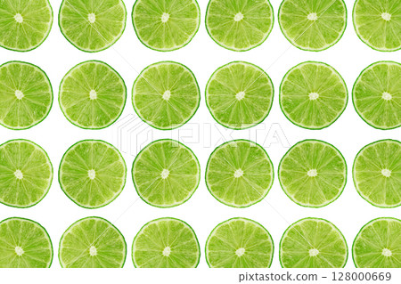 Philippine Lime Fruit Cuts Pattern, Green Calamondin Slices Flying Minimal Background 128000669