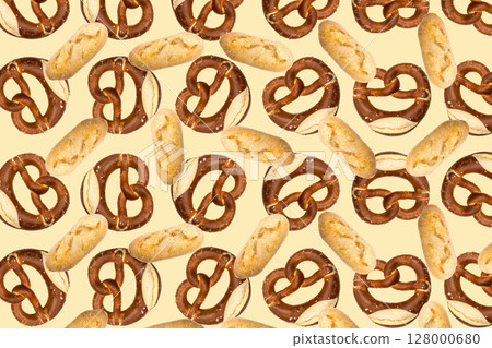 Pretzel Pattern isolated on yellow Pretzel Pattern isolated on yellow 128000680