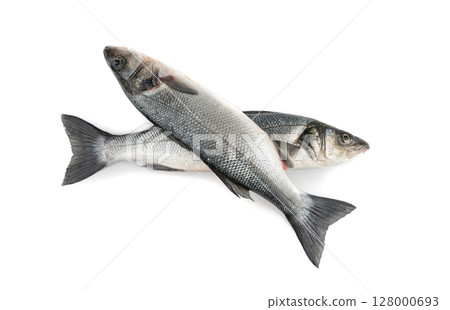 European seabass or Dicentrarchus labrax, whole raw labrax, branzino fish, European bass European seabass or Dicentrarchus labrax, whole raw labrax, branzino fish, European bass 128000693