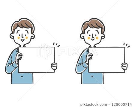 Man holding a whiteboard, upper body, vector Man holding a whiteboard, upper body, vector 128000714