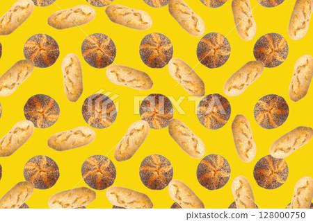 Fresh chiabatta bread pattern isolated on yellow background. Top view minimal food wallpaper 128000750
