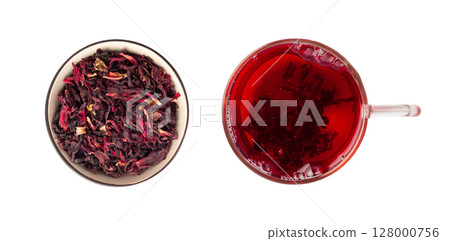 Dry Hibiscus Tea Isolated, Dry Rose Petals, Fruit Red Tea, Karkade Leaves, Dried Herbal Drink, Roselle Petal 128000756