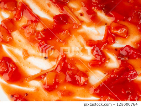Tomato sauce with vegetables texture background, red sweet and sour pasta marinara sauce 128000764