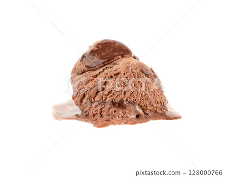 Melted chocolate ice cream isolated, real melting cocoa icecream drops, chocolate ice stain 128000766