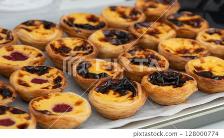 Pastel de nata Portuguese cakes. Traditional Portugal egg tart, fresh pasteis bakery 128000774