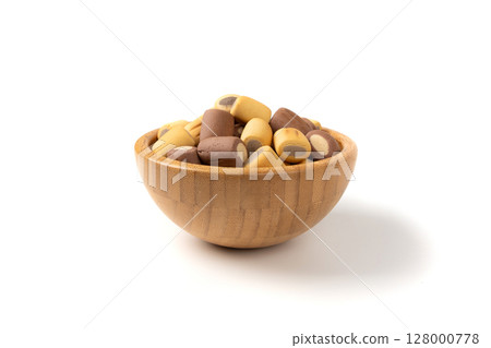 Filled dog biscuits, crackers isolated, soft crunchy pet treats pile, flavored small canine cookie 128000778
