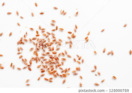 Plantago ovata macro seeds isolated. Psyllium husk close up, detailed isabgol dietary fiber 128000789