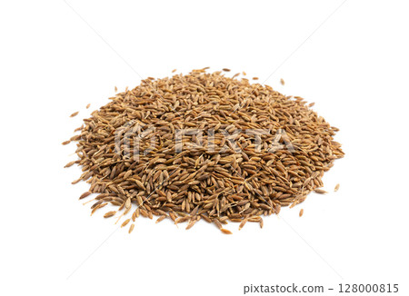 Cumin seed isolated. Caraway or fennel dry seeds close up, zeera macro, Indian cumin or zira grains Cumin seed isolated. Caraway or fennel dry seeds close up, zeera macro, Indian cumin or zira grains 128000815
