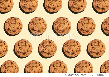 Chocolate chips cookies pattern, American biscuits banner, cocoa confectionery cake bg 128000826
