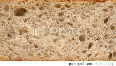 Bread slice macro texture, baked dough pattern. White bread loaf cut close up, wheat toast slice Bread slice macro texture, baked dough pattern. White bread loaf cut close up, wheat toast slice 128000845