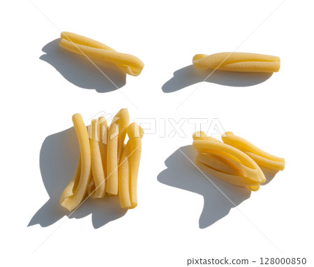 Casarecce pasta isolated, dry traditional macaroni, raw casarecce, wheat noodles, Italy cuisine 128000850