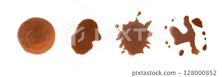 Spilled chocolate milk isolated, hot chocolate puddle, liquid stain, coffee splatter, brown latte Spilled chocolate milk isolated, hot chocolate puddle, liquid stain, coffee splatter, brown latte 128000852