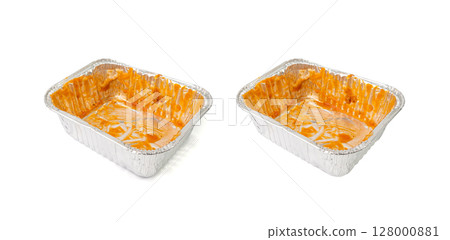 Empty aluminium foil tray isolated, lasagne food remains in dirty packaging for heating, food waste 128000881