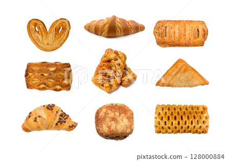Assorted Puff Pastry Isolated, Danish Plaits Pastries Set, Many Breakfast Bakery Collection Assorted Puff Pastry Isolated, Danish Plaits Pastries Set, Many Breakfast Bakery Collection 128000884